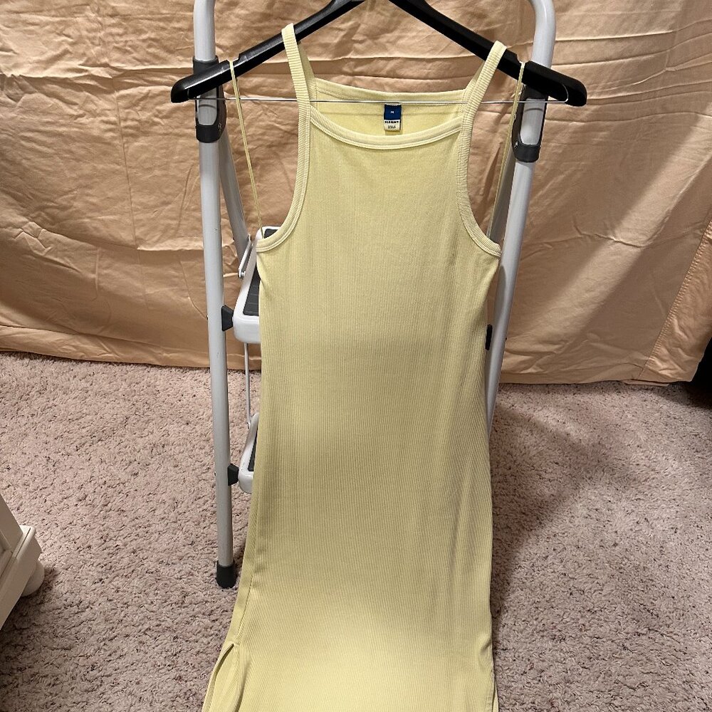 Yellow midi dress with open/high/straps shoulders, with opening in both sides of